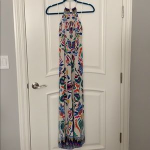 White maxi dress with bright, multicolored pattern